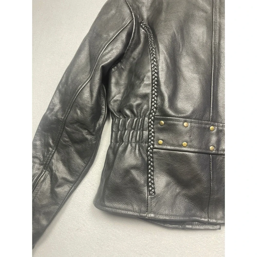 Unbranded Biker Jacket Genuine Leather Black Braided Trim Small Womens